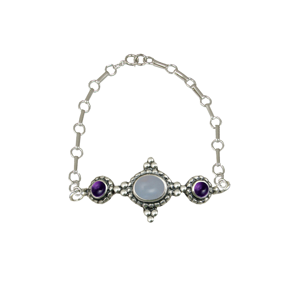 Sterling Silver Gemstone Adjustable Chain Bracelet With Chalcedony And Amethyst